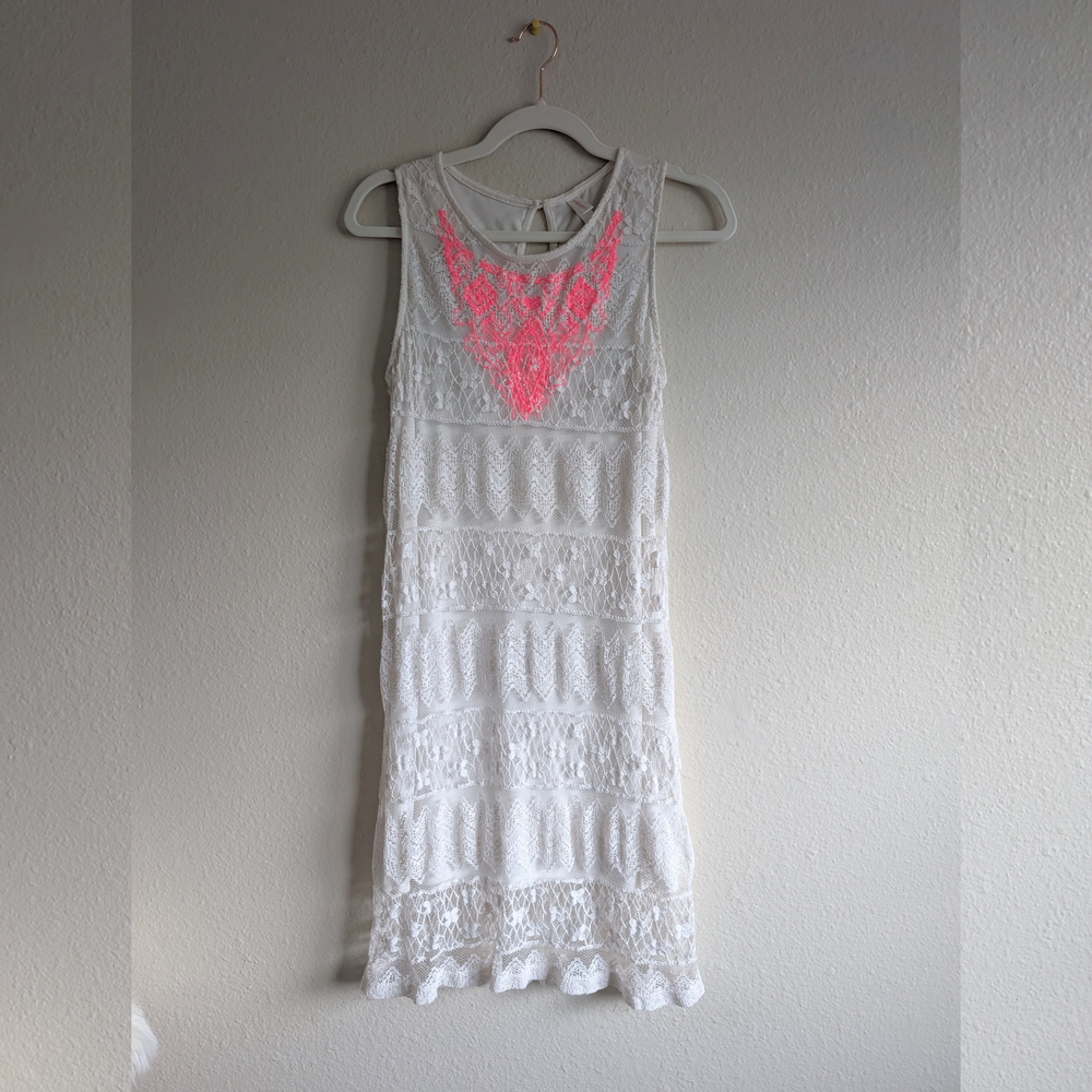 White Lace Dress with Neon Pink Embroidered Accent - M